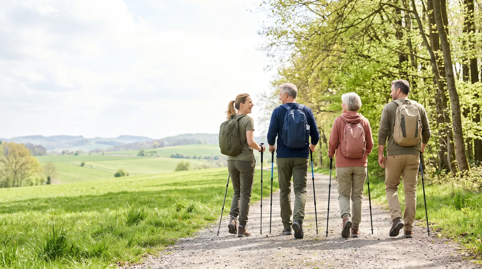 Kleine Wandergruppe auf einem sonnigen Weg zwischen Wiesen und Wald